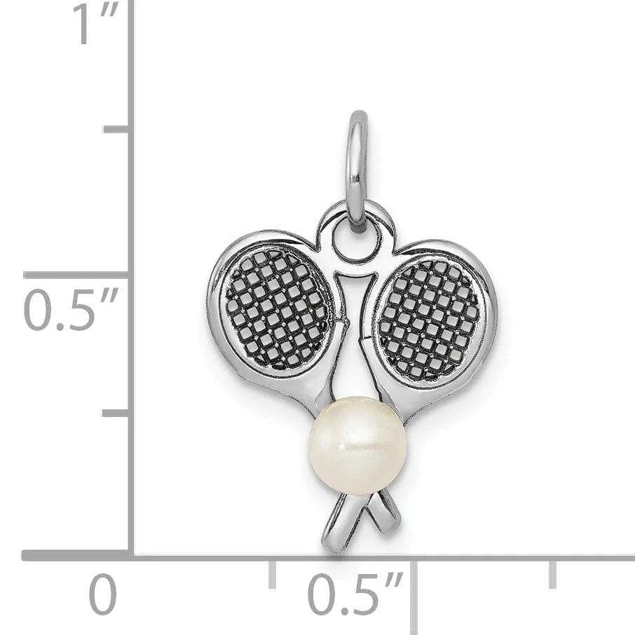 14k White Gold 3D Tennis Racquets Pearl Pendant