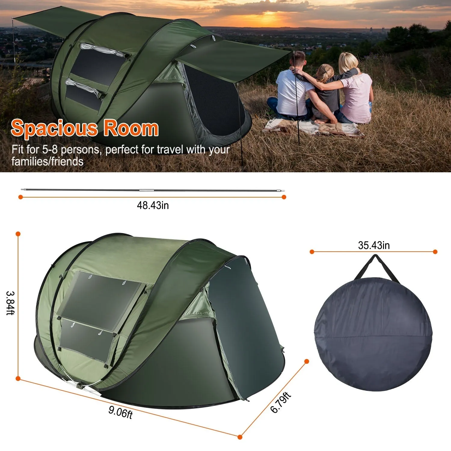 5-8 Person Pop Up Tent Automatic Setup Camping Tent Waterproof Instant Setup Tent with 4 Tent Poles 2 Mosquito Net Windows Carrying Bag for Hiking Climbing Fishing