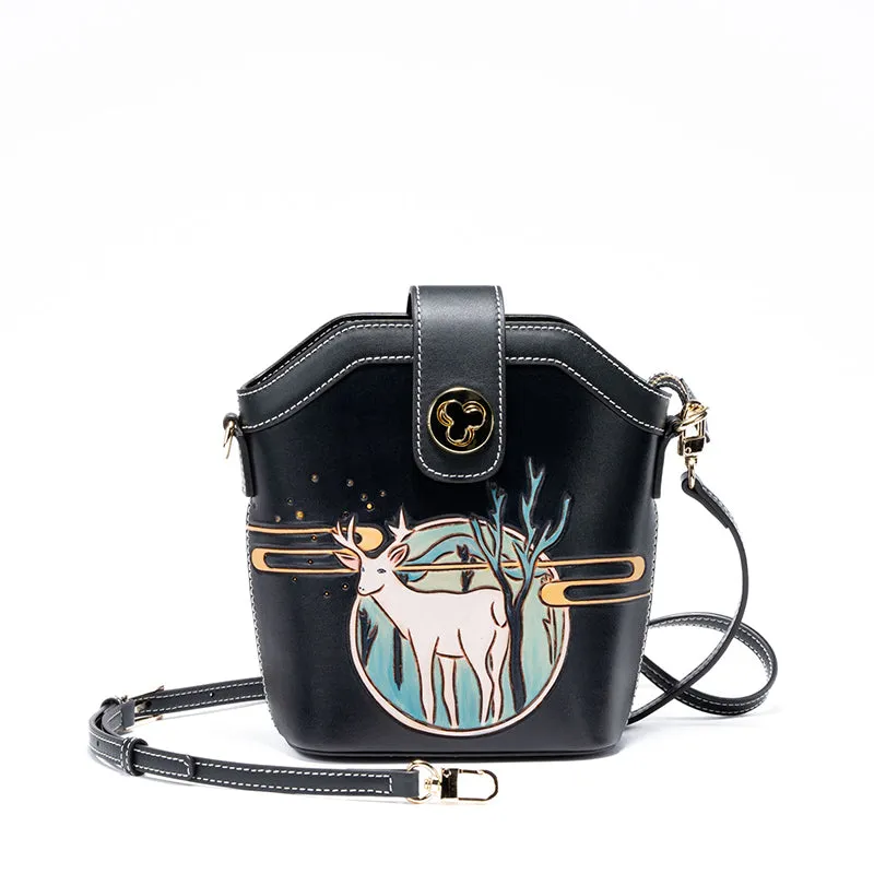 Artistically Hand-carved Vegetable-tanned Leather Bucket Bag Featuring Adorable Deer Motifs