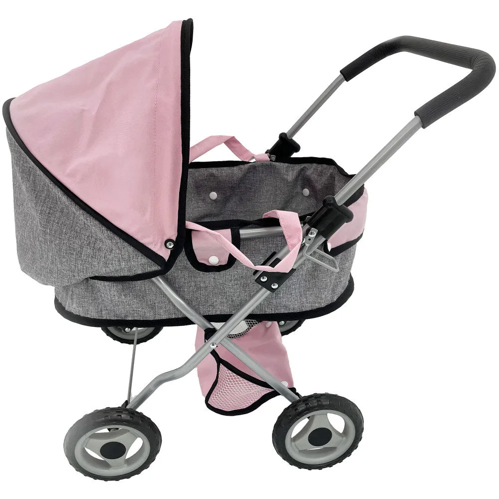 Bambolina Deluxe Doll Pram with Adjustable Canopy and Detachable Bag, Pink and Gray