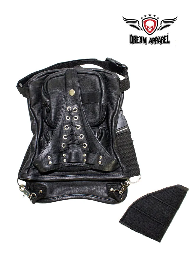 Black Naked Cowhide Leather Multi-Pocket Laced Thigh Bag W/ Extra Layer Of Protection