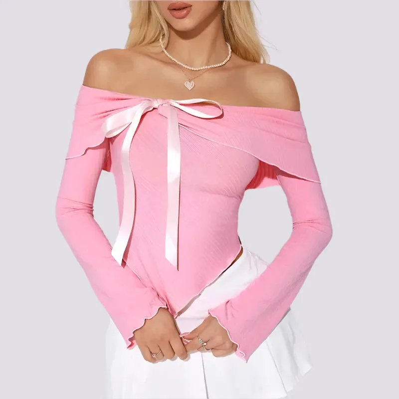 Bow Off Shoulder Asymmetrical Tops Long Sleeve Tees Pink Y2k T Shirts Trending 2024 Fashion for Women P85-BD20