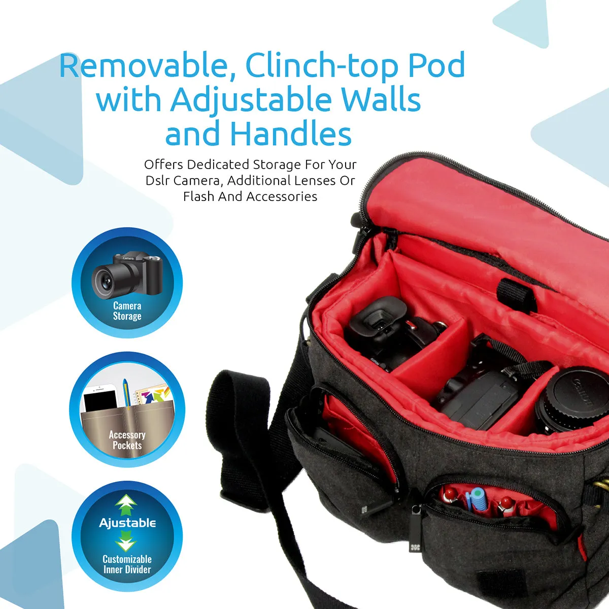 Contemporary DSLR Camera Bag with Adjustable Storage, Water-Resistant Cover and Shoulder Strap