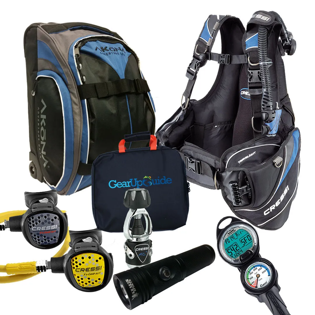 Cressi Travelight 15 LBS Scuba Diving Package Carry On Reg  Dive Computer GupG Reg Bag and Kraken Dive Torch