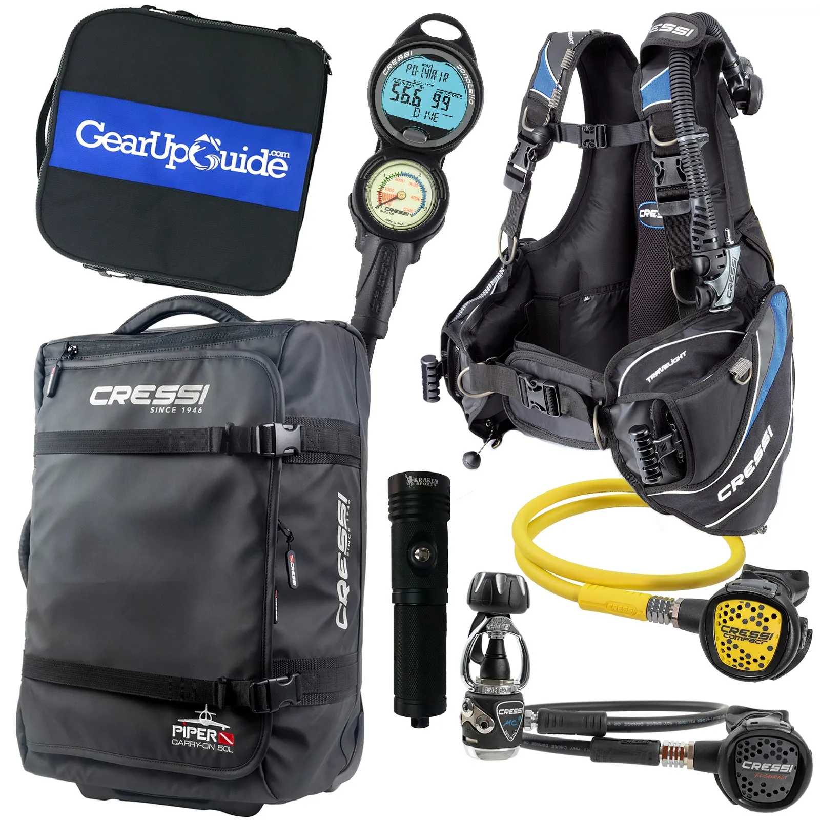 Cressi Travelight 15 LBS Scuba Diving Package Carry On Reg  Dive Computer GupG Reg Bag and Kraken Dive Torch