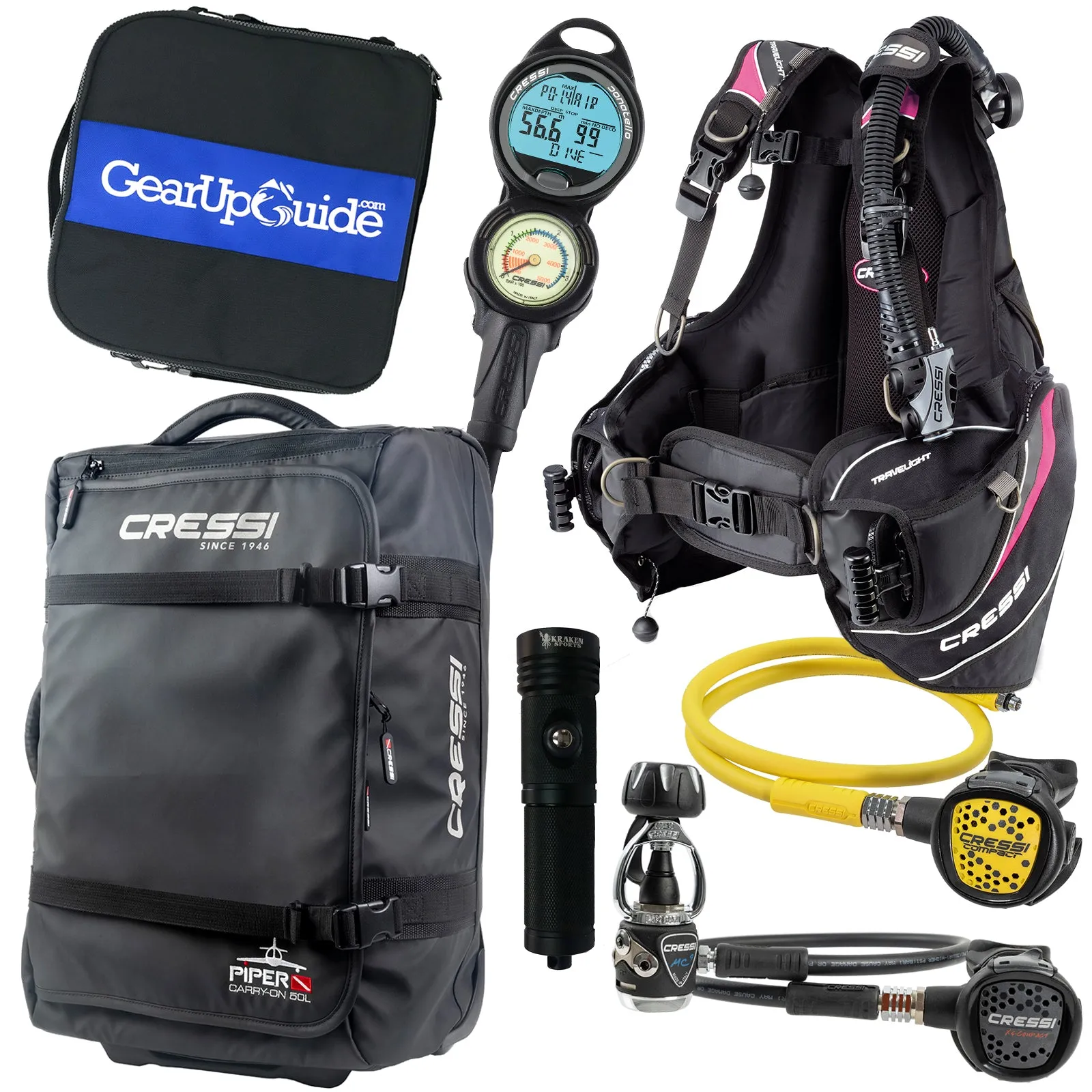 Cressi Travelight 15 LBS Scuba Diving Package Carry On Reg  Dive Computer GupG Reg Bag and Kraken Dive Torch