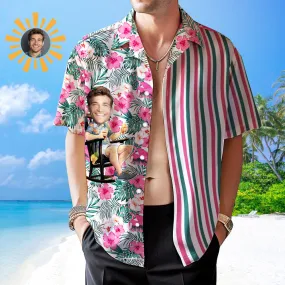 Custom Face Hawaiian Shirt Pink flowers Men's All Over Print Striped Aloha Shirt