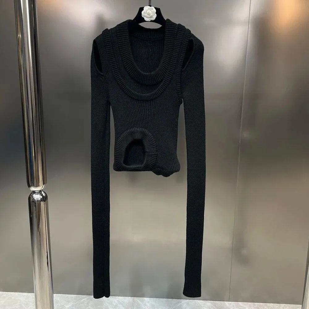 Cut Out Irregular Knitting Sweater For Women Round Neck Sleeveless Solid Minimlaist Pullover Female Clothing