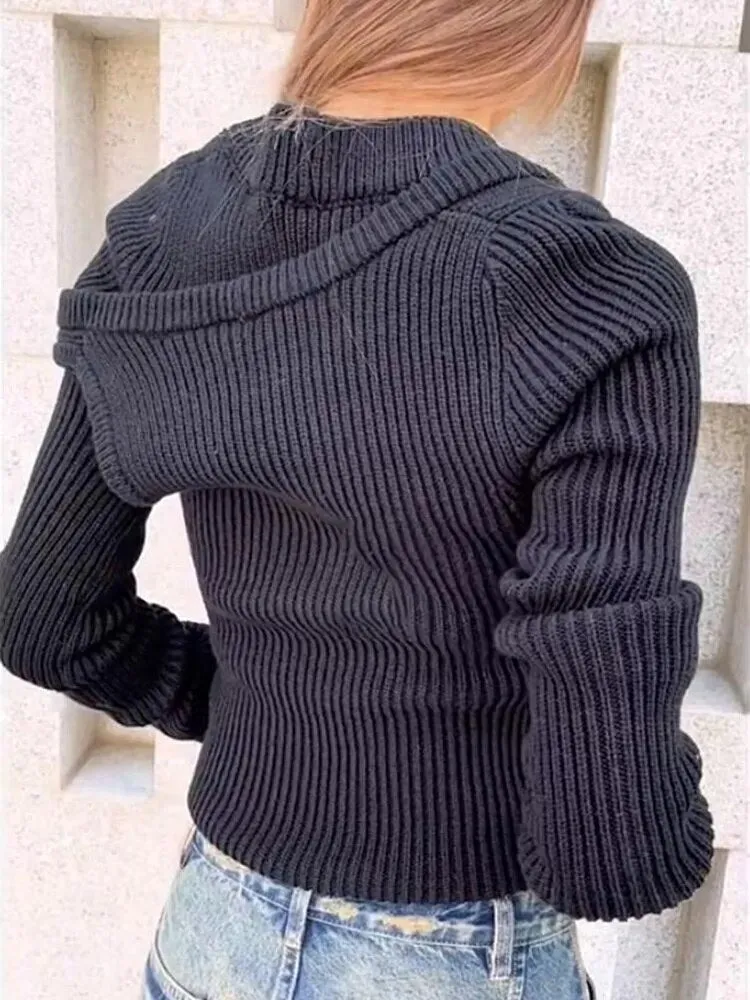 Cut Out Irregular Knitting Sweater For Women Round Neck Sleeveless Solid Minimlaist Pullover Female Clothing