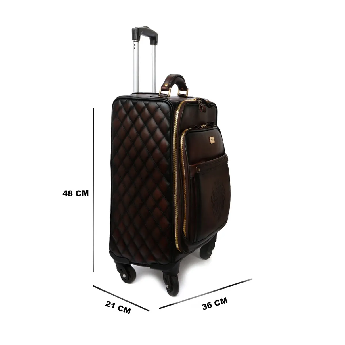 Dark Brown Leather Diamond Stitched Quad Wheel Trolley Bag With Embossed Lion Logo by Brune & Bareskin