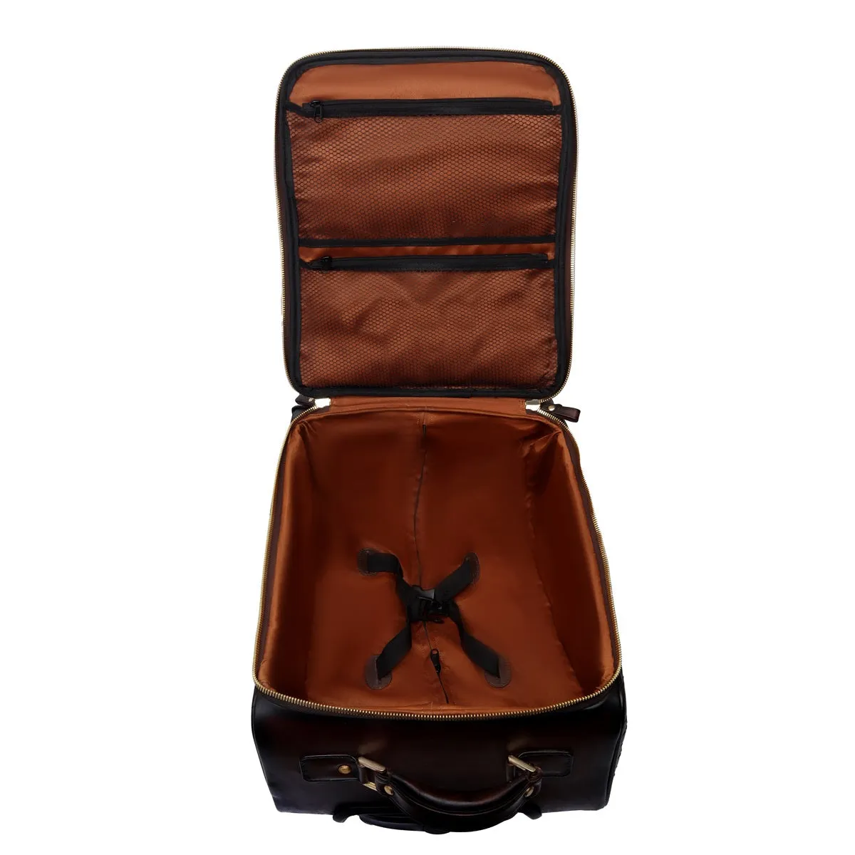 Dark Brown Leather Diamond Stitched Quad Wheel Trolley Bag With Embossed Lion Logo by Brune & Bareskin