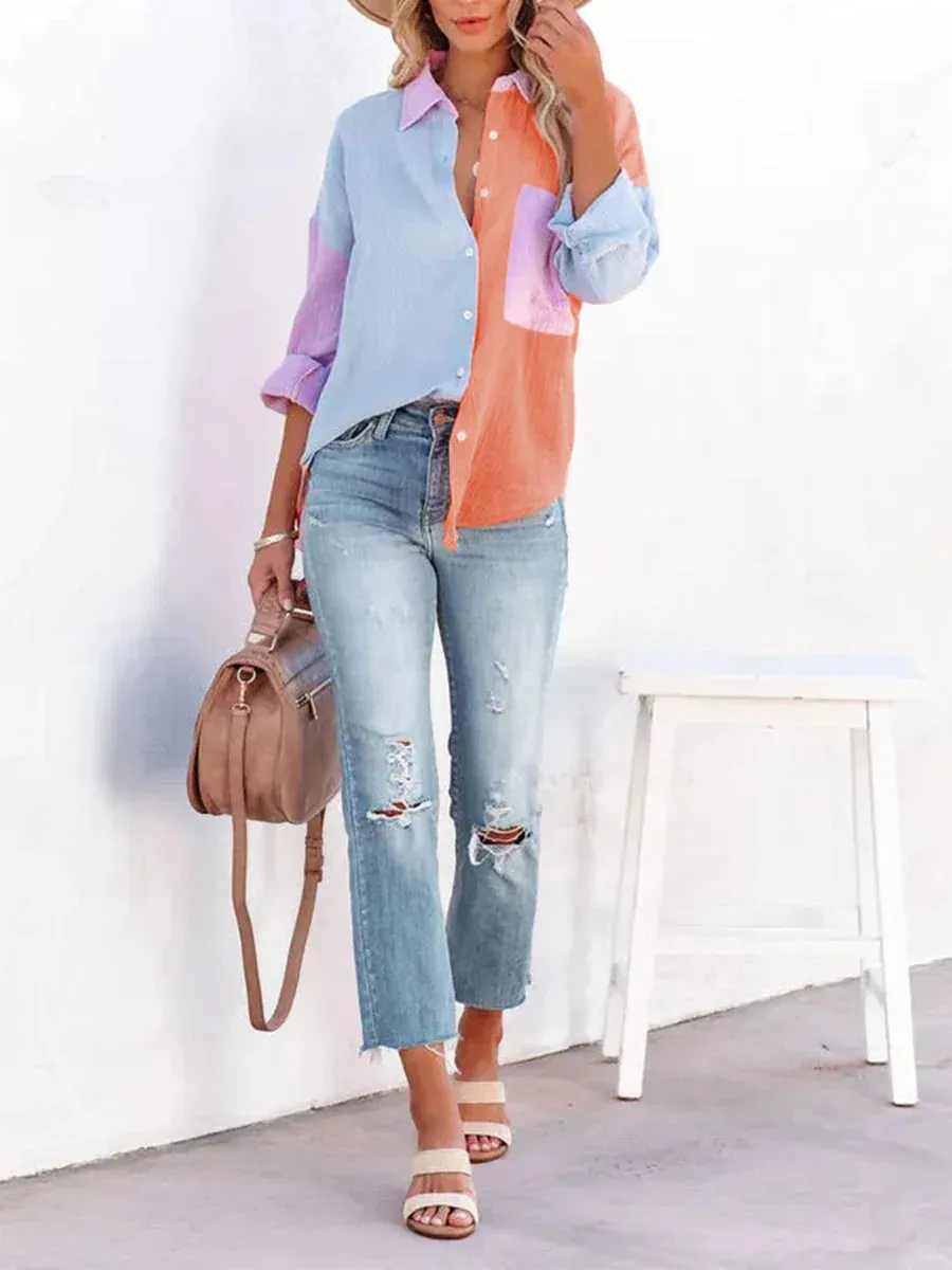 Down Oversized Color Block Collared Boyfriend Tops with Pocket Button Blouse