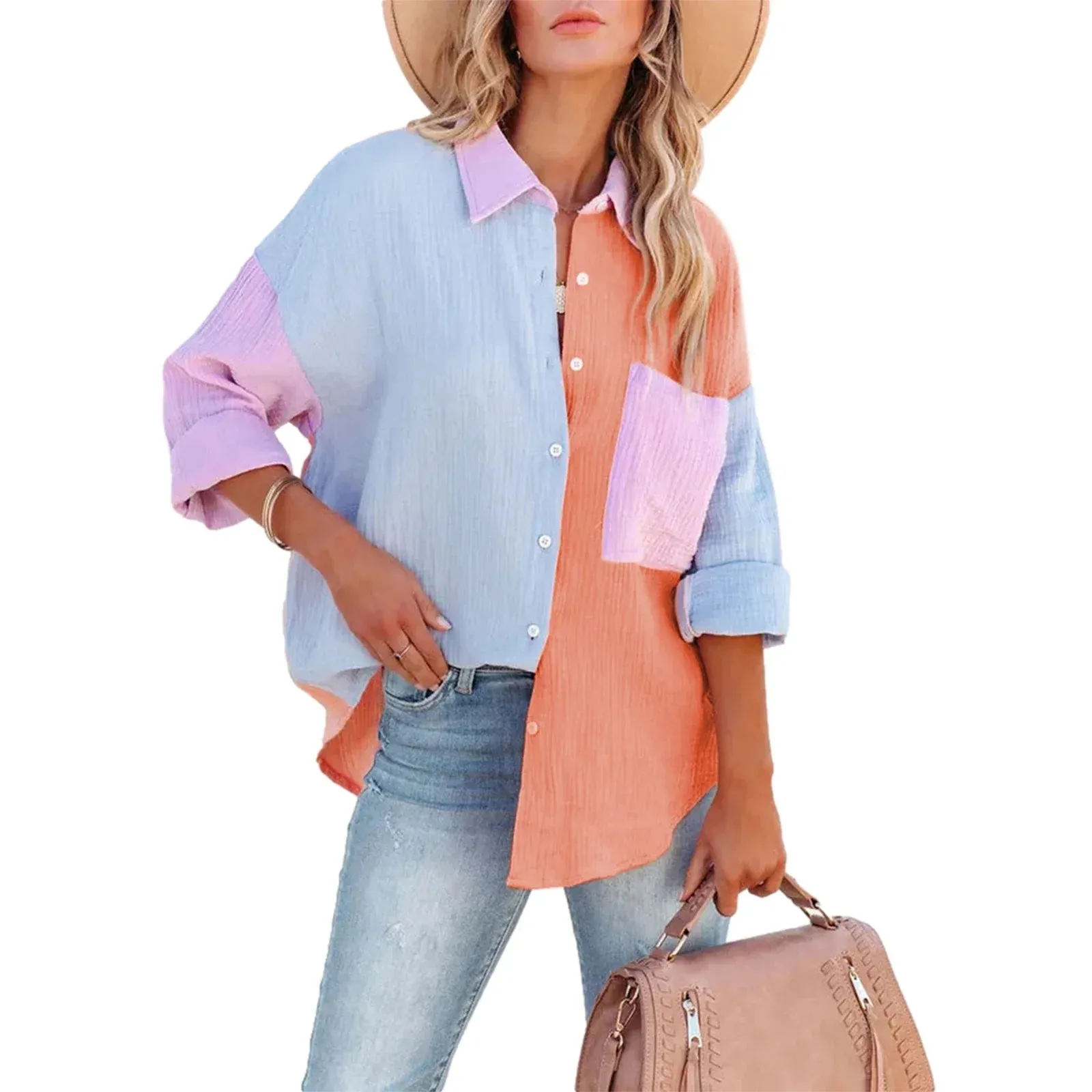 Down Oversized Color Block Collared Boyfriend Tops with Pocket Button Blouse