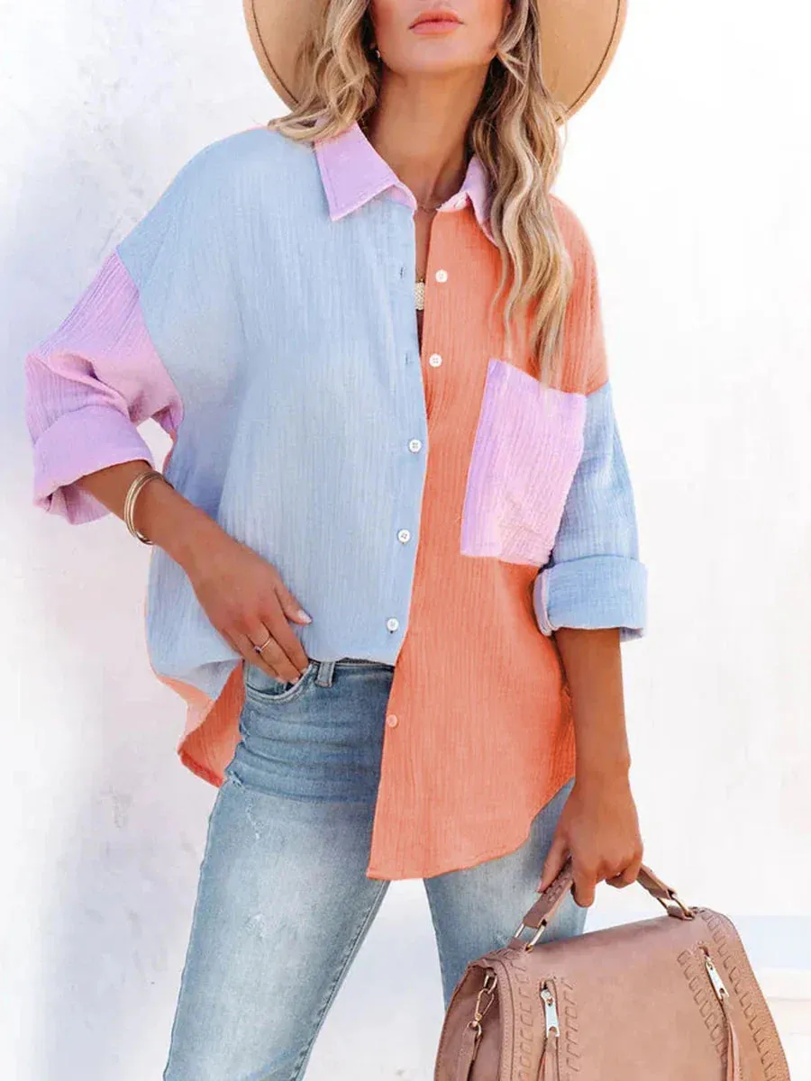 Down Oversized Color Block Collared Boyfriend Tops with Pocket Button Blouse