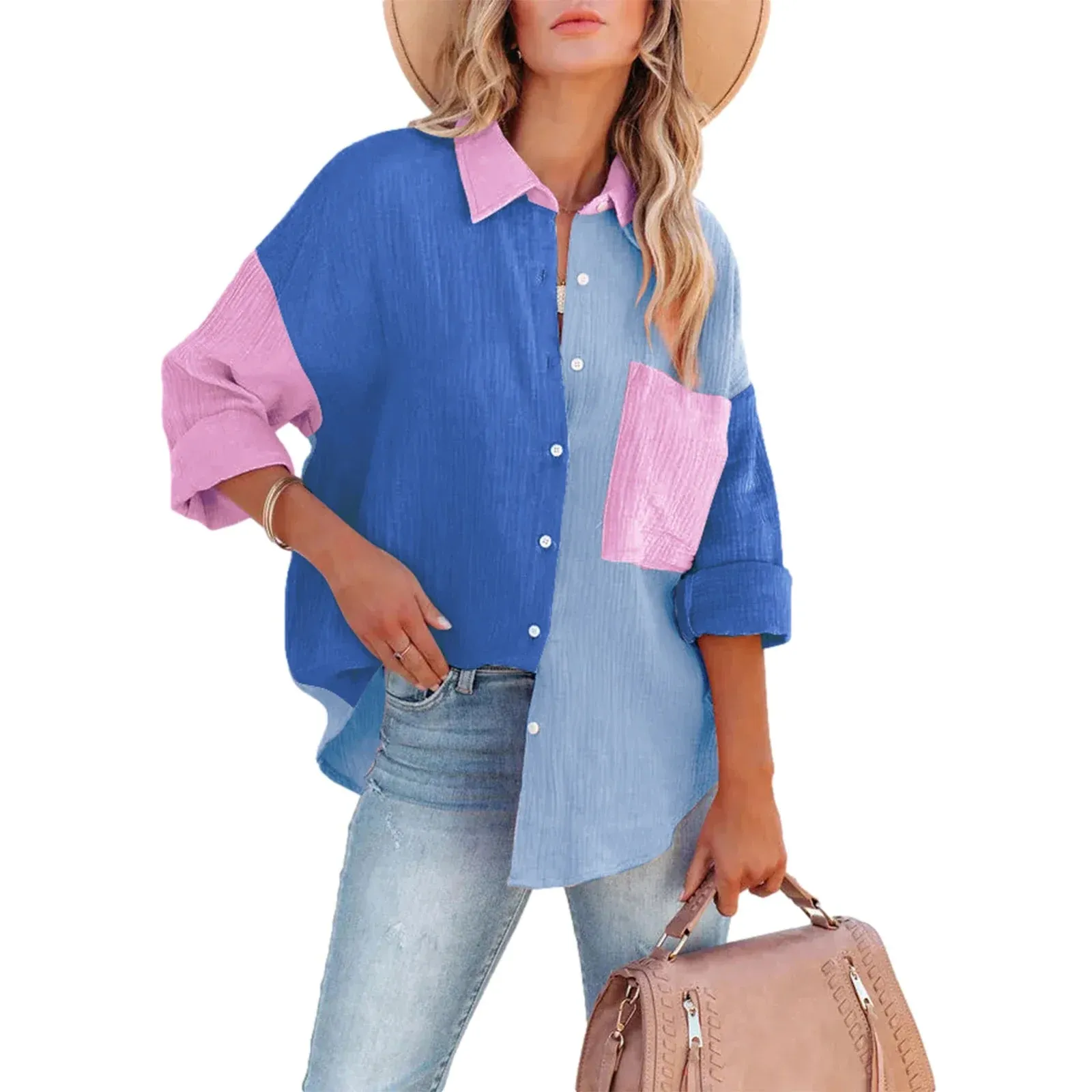 Down Oversized Color Block Collared Boyfriend Tops with Pocket Button Blouse