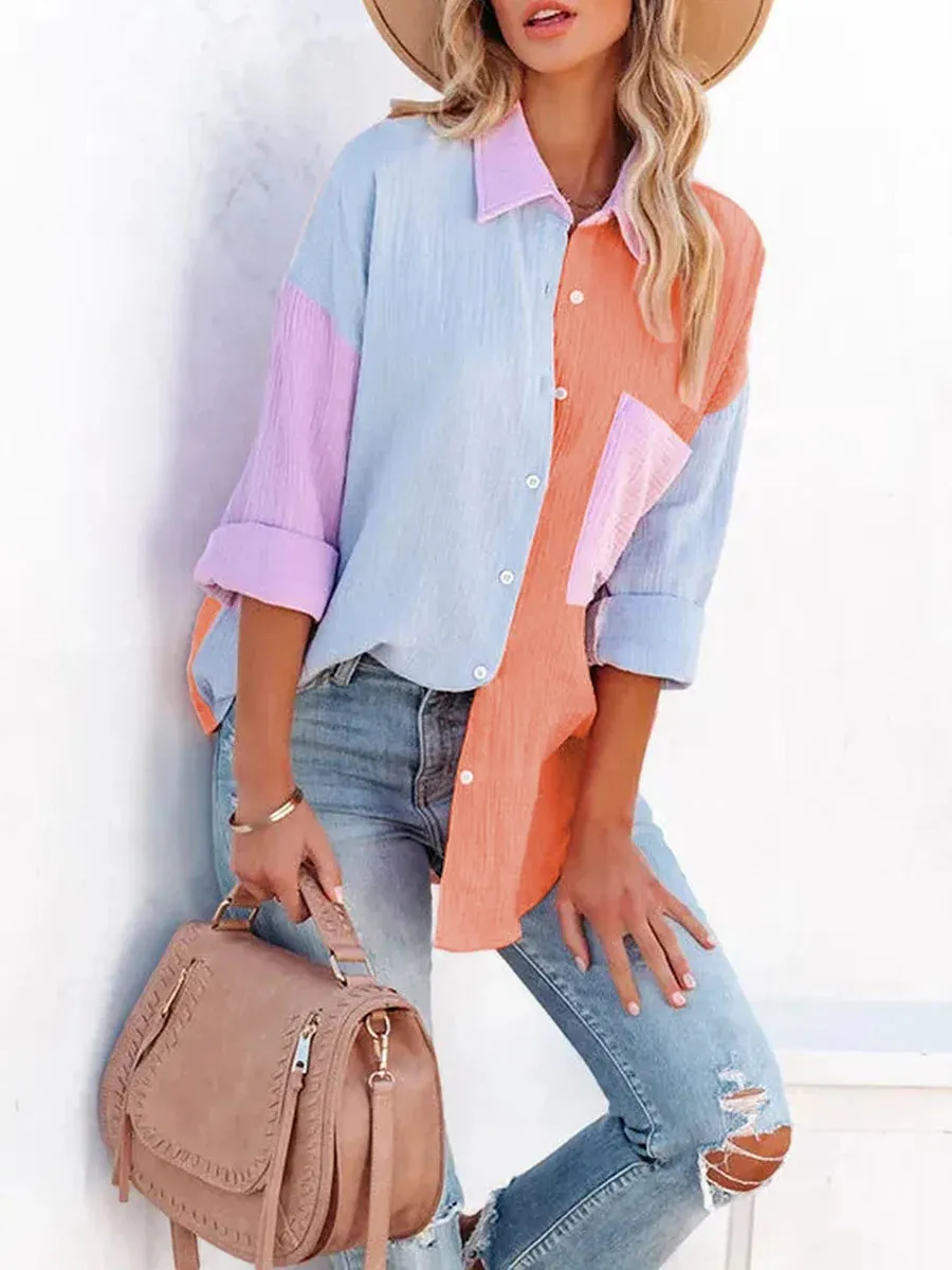 Down Oversized Color Block Collared Boyfriend Tops with Pocket Button Blouse