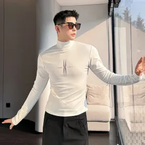 Elastic Close-fitting Men's Printing Long Sleeve T-shirts Korean Fashion Male Niche Design Mock Neck Spring 9C3706