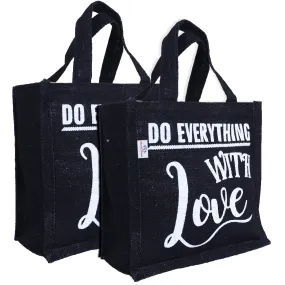 Heart Home Lunch Bag|Reusable Jute Fabric Tote Bag|Do Everything with Love Print Tiffin Carry Hand Bag with Handle for Office,School,Gift,Pack of 2 (Black)