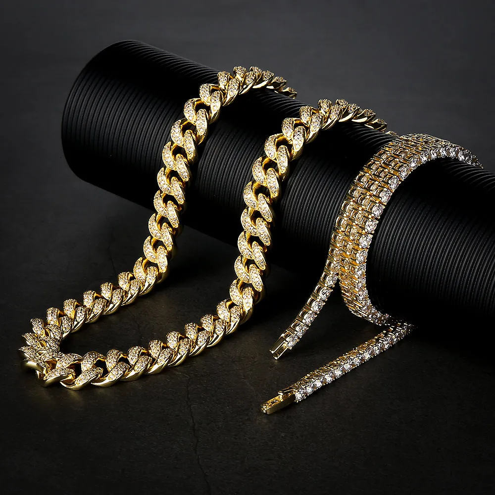 Iced Out Cuban Link Chain and Tennis Chain Set in 14K Gold KRKC