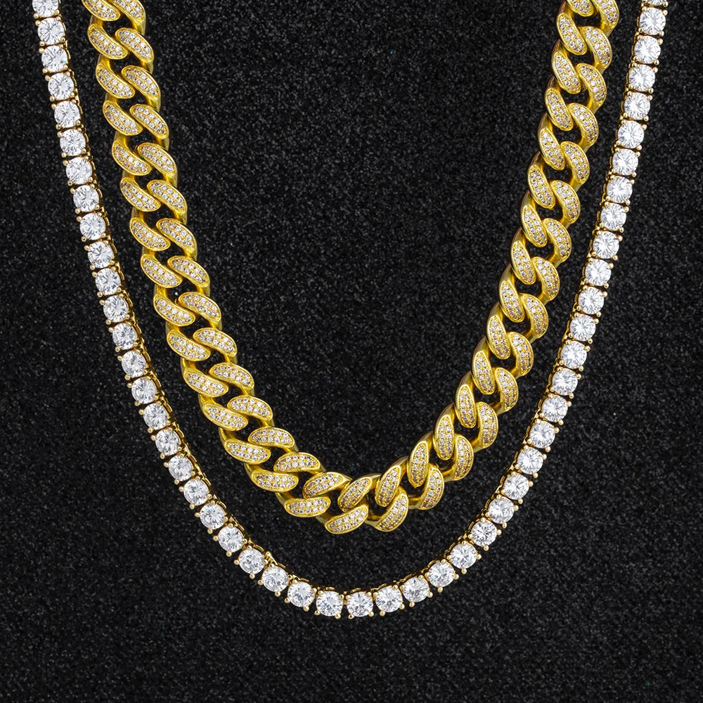 Iced Out Cuban Link Chain and Tennis Chain Set in 14K Gold KRKC