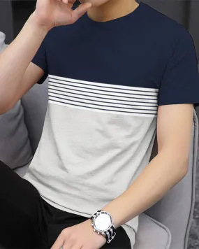 Men Navy Blue White Half Hand Round Neck Striped T-shirt