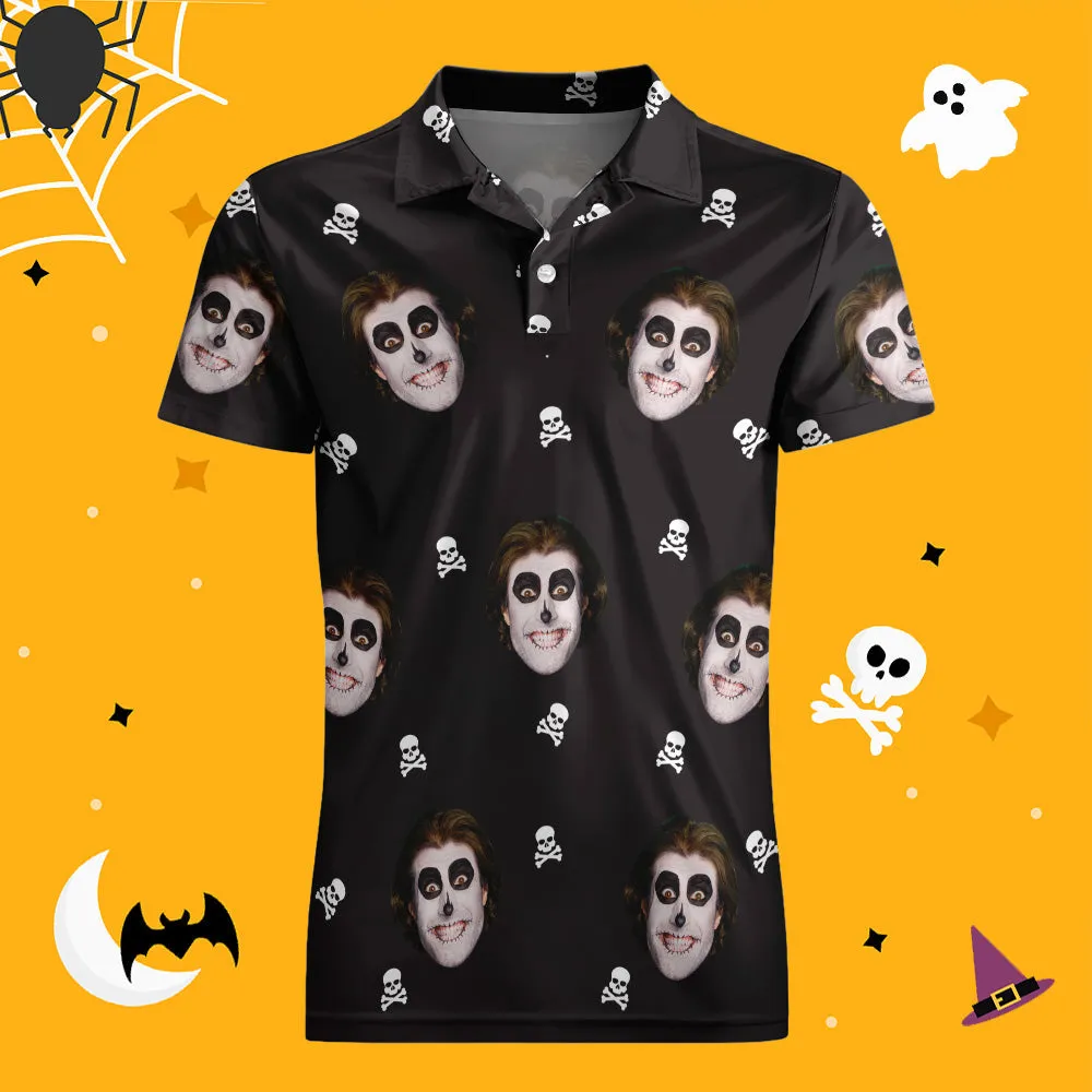 Men's Custom Funny Face Black Shirt Personalised Golf Shirts For Halloween Drama Gift Skull