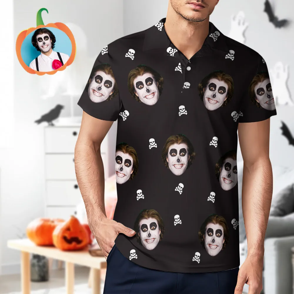 Men's Custom Funny Face Black Shirt Personalised Golf Shirts For Halloween Drama Gift Skull