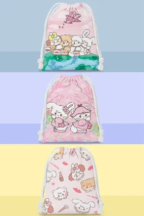 Mikko illustration Drawstring Pockets | Outing Bear Latte Dog Souffie Kitten Mousse Rabbit Cammy - 3 Size Tidy up Bag Kawaii Style