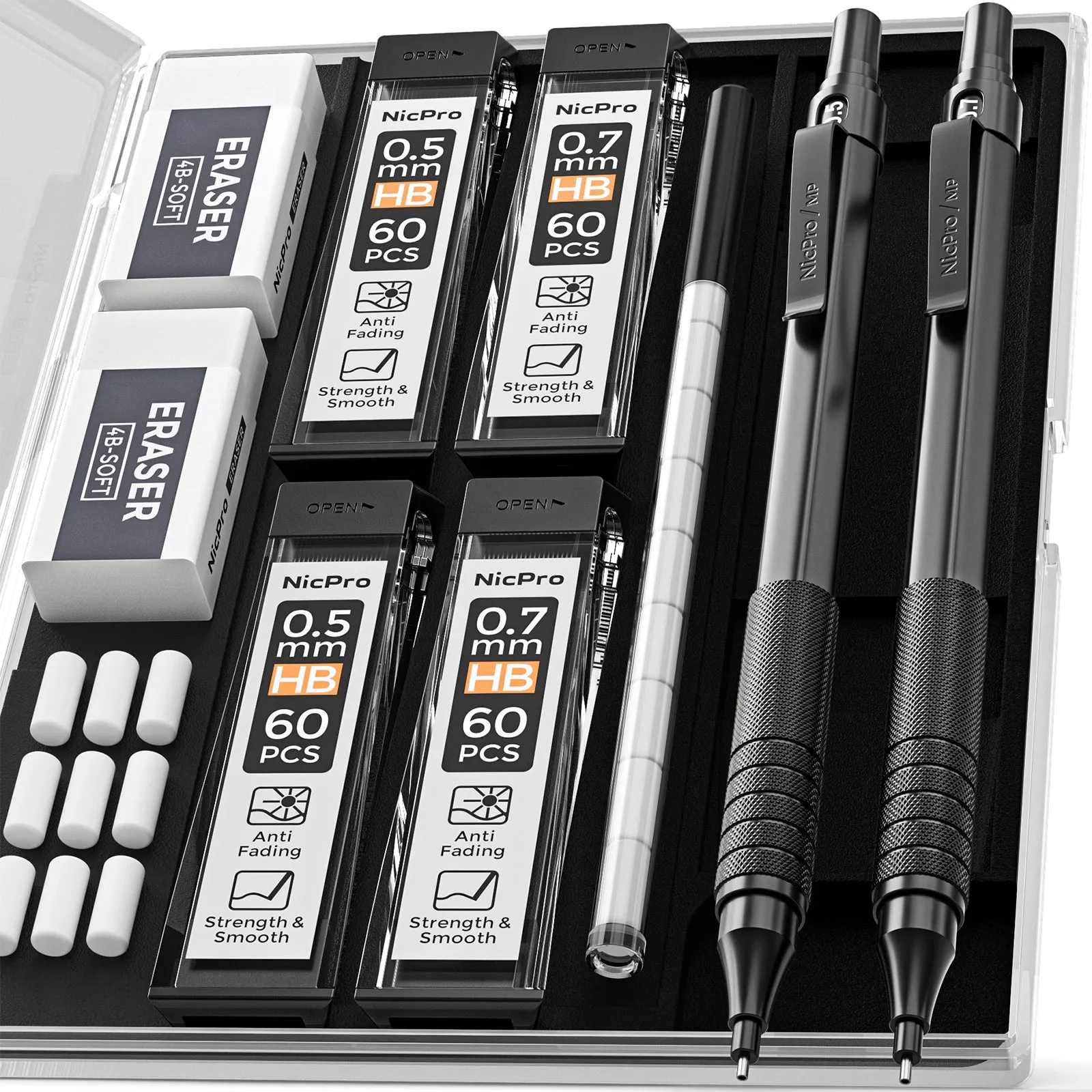 Nicpro Black Mechanical Pencils 0.5mm & 0.7 mm, Metal Lead Pencil Set with 4 Tubes HB Lead Refill And 2 Erasers For Writing Drafting, Drawing, Sketch -Come With Case