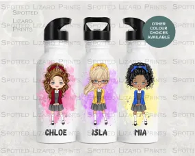 Personalised School Girl Water Bottle, Back to School Water Bottle, Stainless Steel Bottle with Custom Girl Character/School Uniform Design