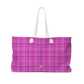 Pink Tartan Plaid Weekender Bag, Plaid Printed Oversized Designer 24"x13" Large Oversized Tote Bag