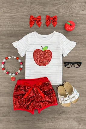 Red Apple & Blue Striped Sequin Short Set