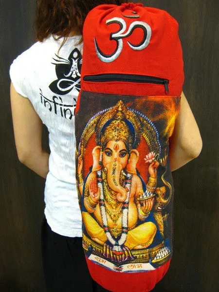 Red Embroidered Ohm   Ganesha Print Cotton & Hemp Yoga Mat Bag