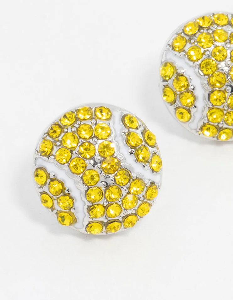 Rhodium Diamante Tennis Ball Stud Earrings