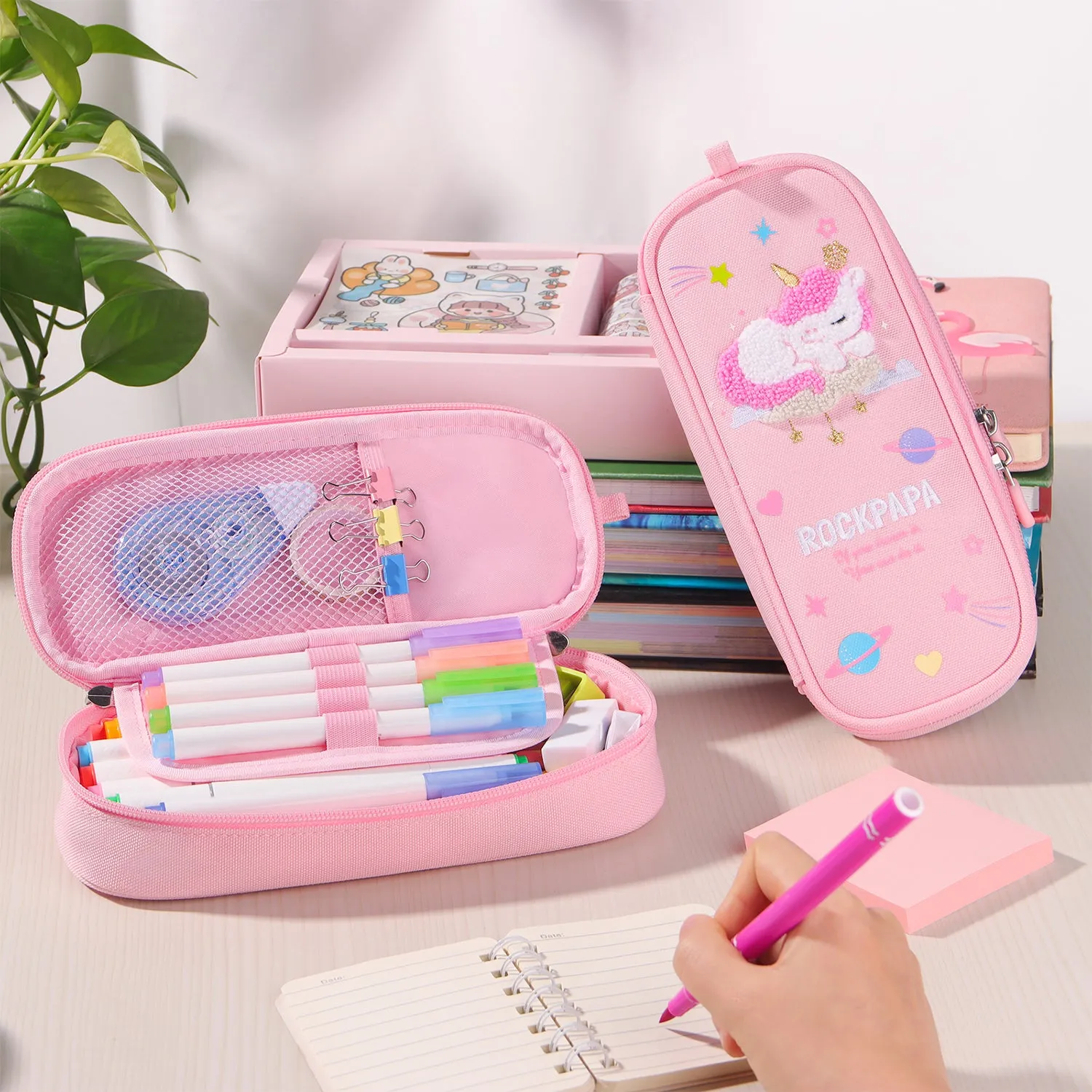 Rockpapa Cute Unicorn Pencil Case for Girls, Aesthetic Pencil Case with Compartments, Pencil Pouch with Zipper for Kids, Pencil Box Bag Holder Organizer for School