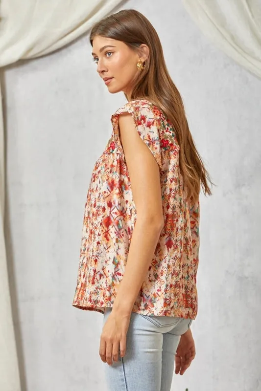 Savanna Jane Artistic Print and Embroidery Blouse - Multi