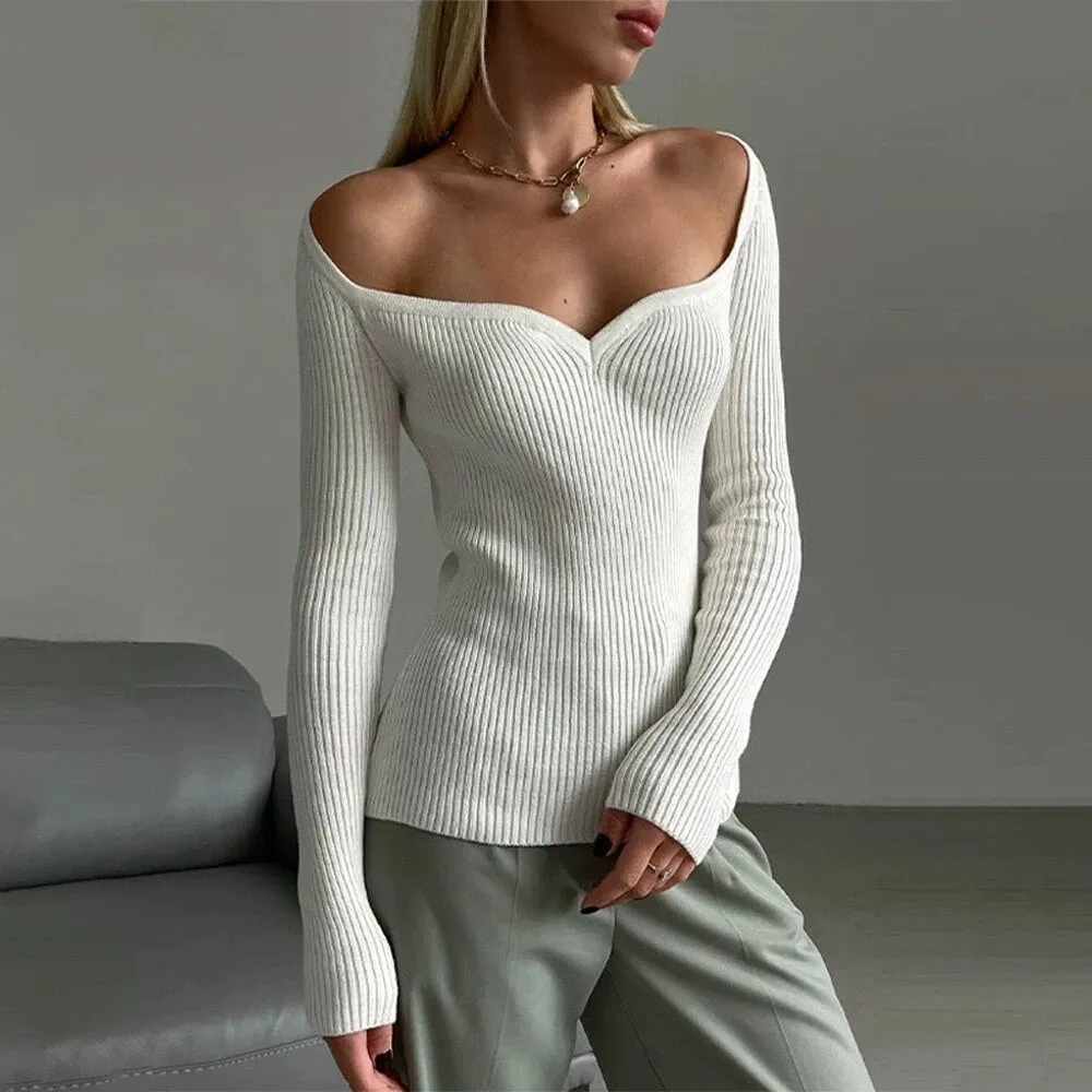 Solid Slimming Knitting Sweaters For Women Slash Neck Cold Shoulder Long Sleeves Sexy Sweater Female Fashion