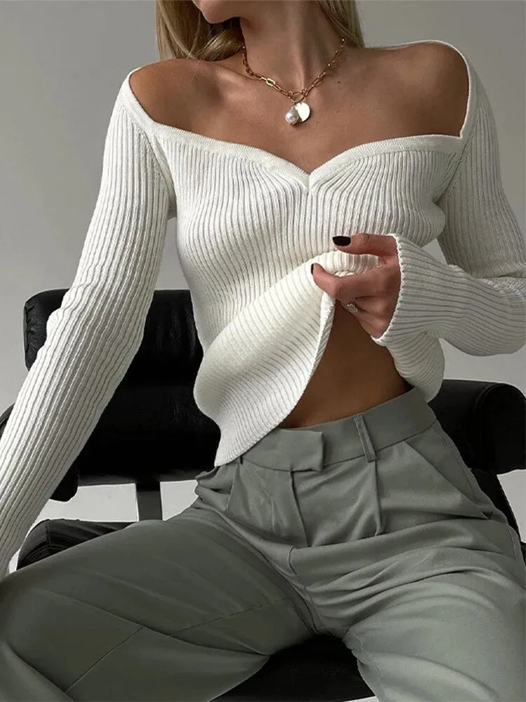 Solid Slimming Knitting Sweaters For Women Slash Neck Cold Shoulder Long Sleeves Sexy Sweater Female Fashion