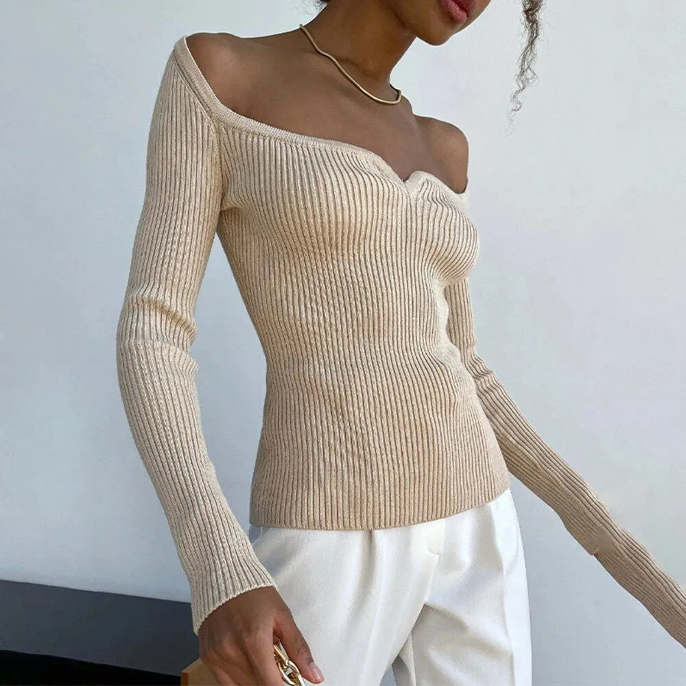 Solid Slimming Knitting Sweaters For Women Slash Neck Cold Shoulder Long Sleeves Sexy Sweater Female Fashion