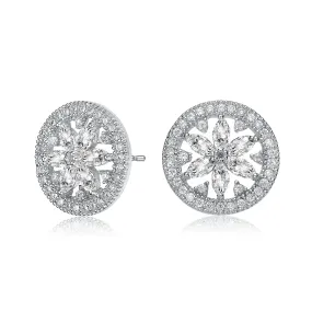 Sterling Silver with Rhodium Plated Clear Marquise with Round Cubic Zirconia Halo Wreath Earrings