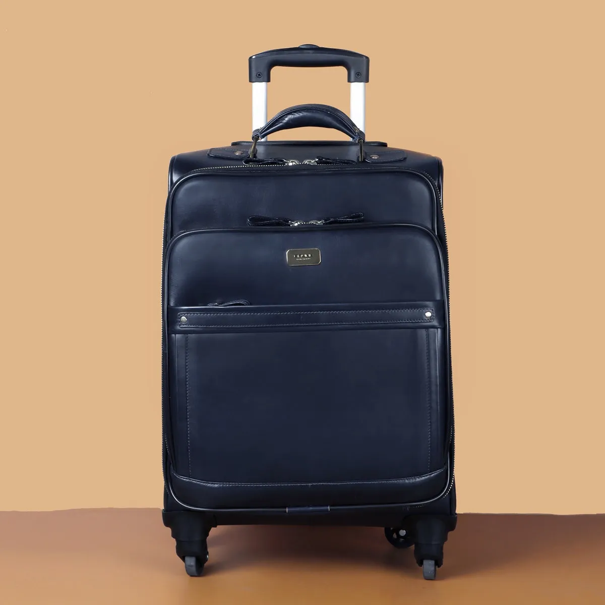 Telescopic Handle Spinner Luggage Quad Wheel Navy Blue Strolley Travel Bag with Golden Zipper Closure