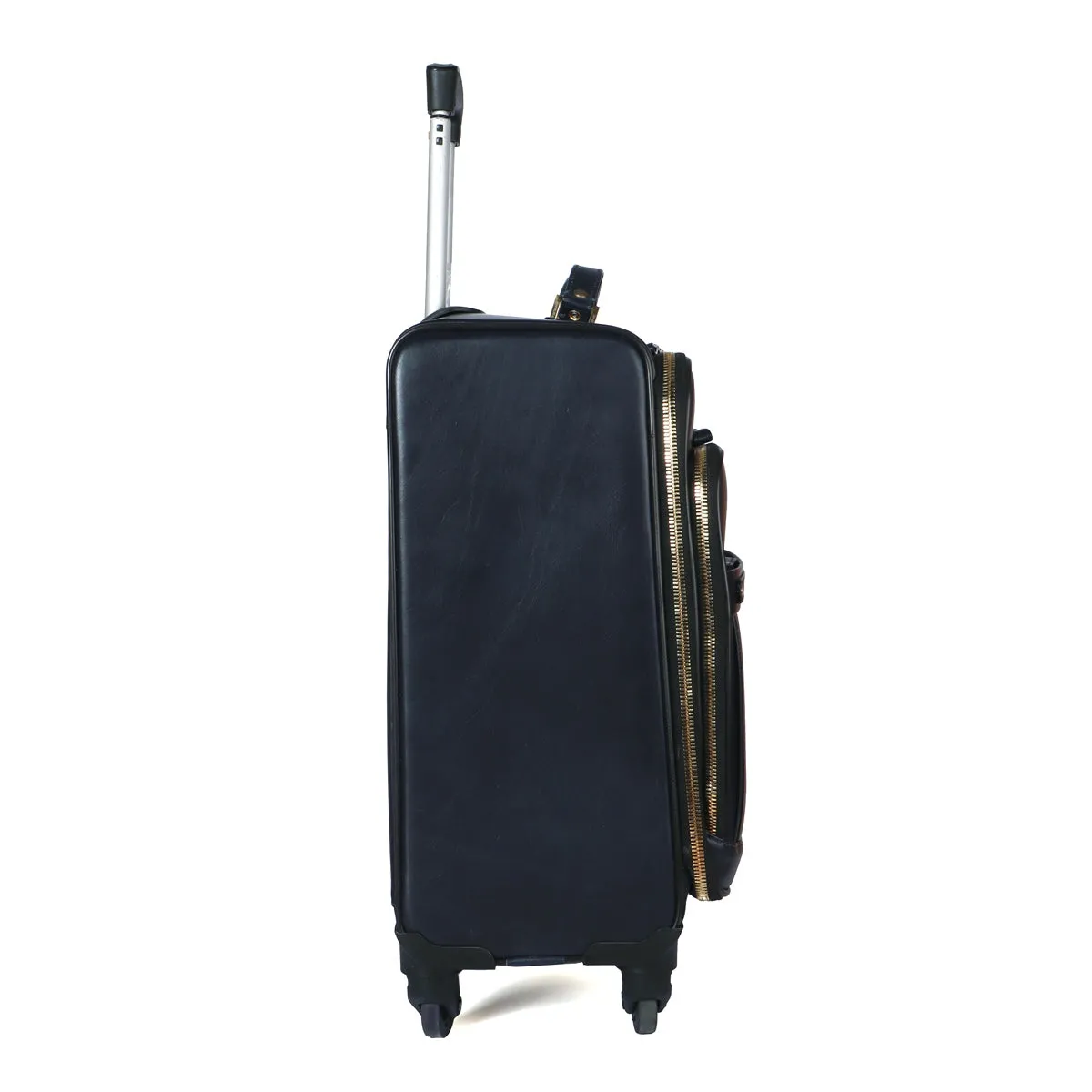 Telescopic Handle Spinner Luggage Quad Wheel Navy Blue Strolley Travel Bag with Golden Zipper Closure