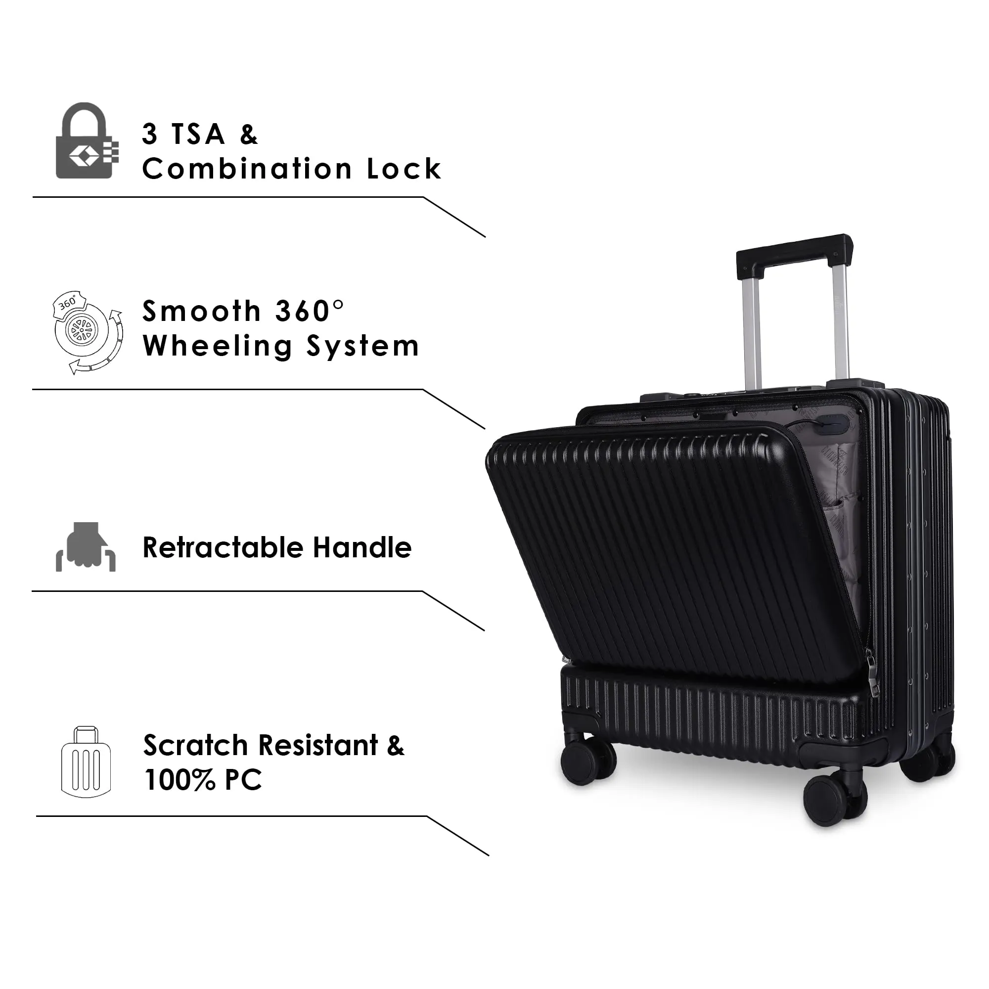 THE CLOWNFISH JetSetter Series Carry-On Luggage PolyCarbonate Hard Case Suitcase Eight Spinner Wheel 14 inch Laptop Trolley Bag with TSA Lock & USB Charging port- Black (47 cm-18.5 inch)