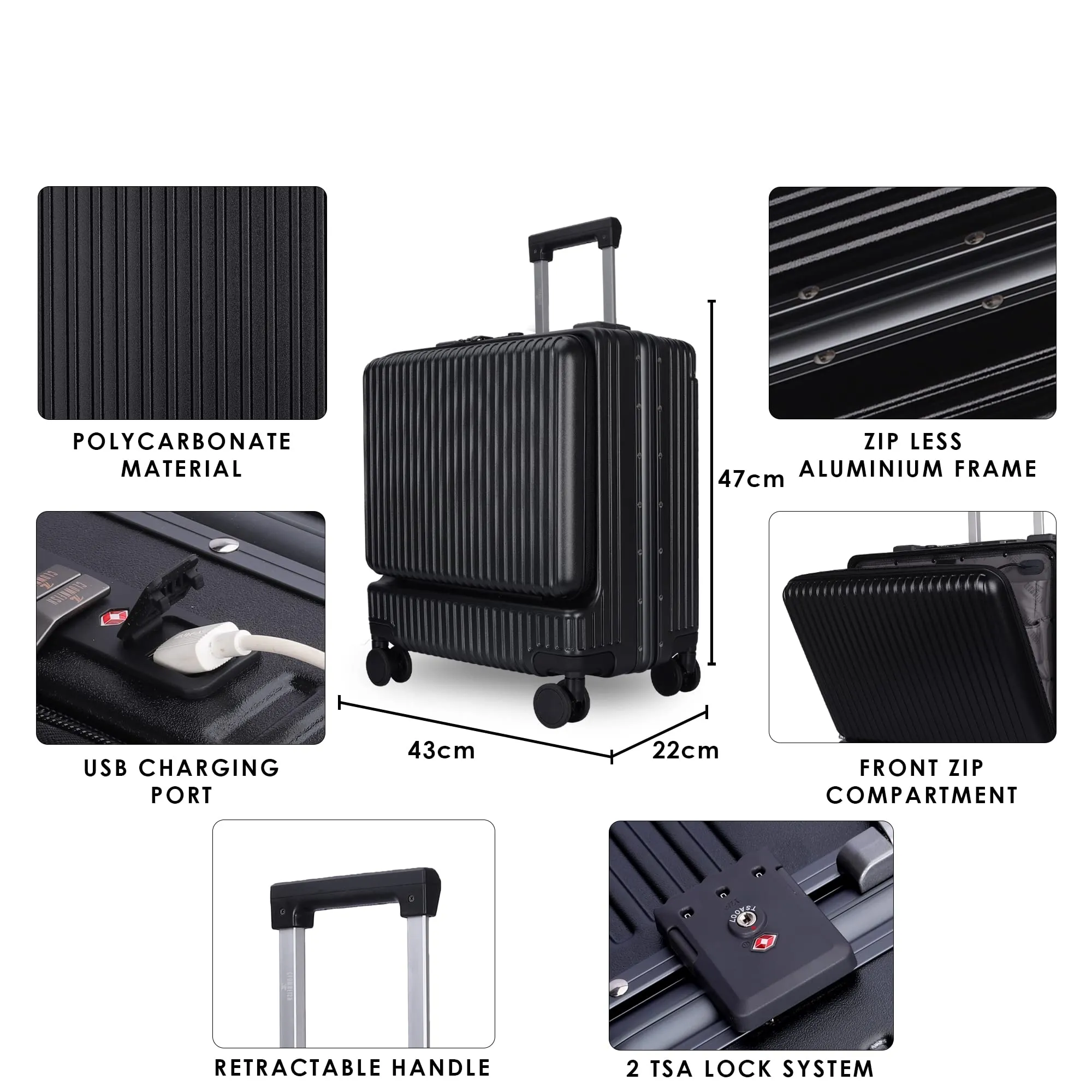 THE CLOWNFISH JetSetter Series Carry-On Luggage PolyCarbonate Hard Case Suitcase Eight Spinner Wheel 14 inch Laptop Trolley Bag with TSA Lock & USB Charging port- Black (47 cm-18.5 inch)