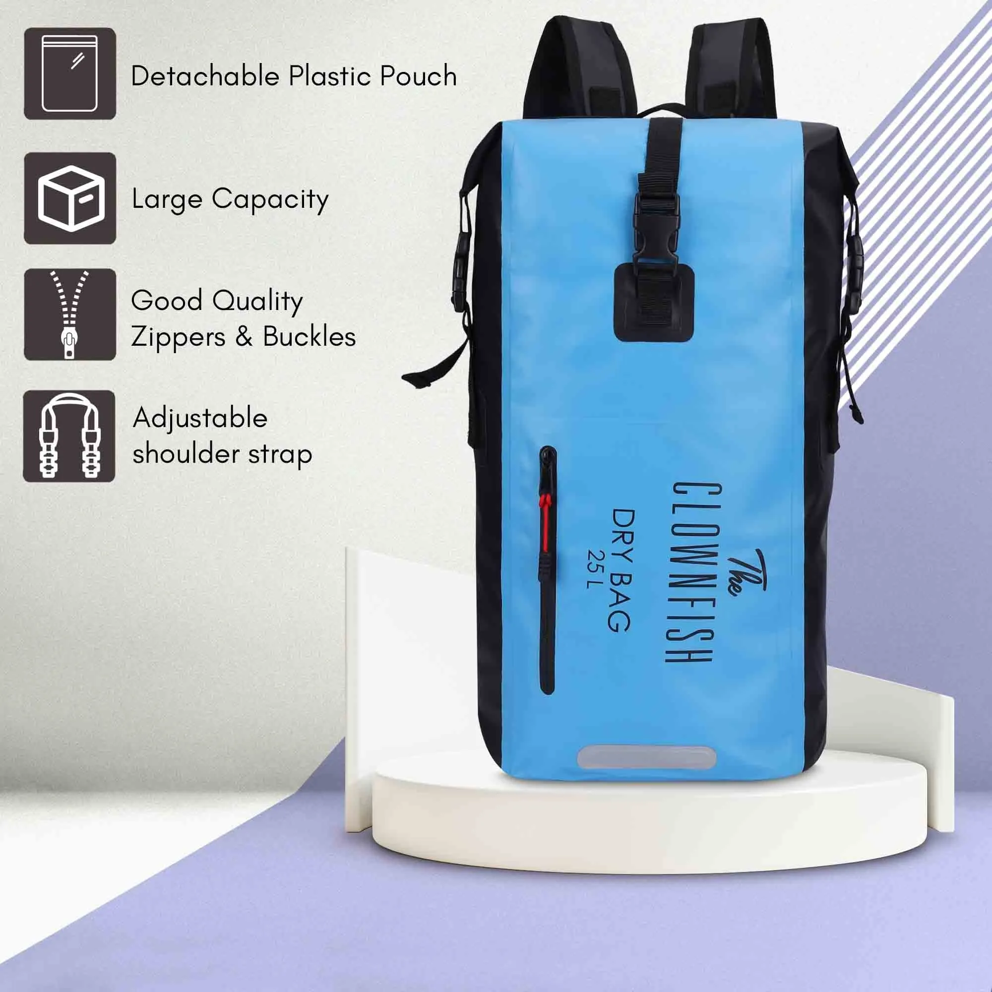 THE CLOWNFISH Waterproof PVC 25 Liter Dry Bag Dry Sack Lightweight Dry Backpack with Waterproof Accessory Bag for Water Sport Hiking Trekking Camping Boating (Blue)